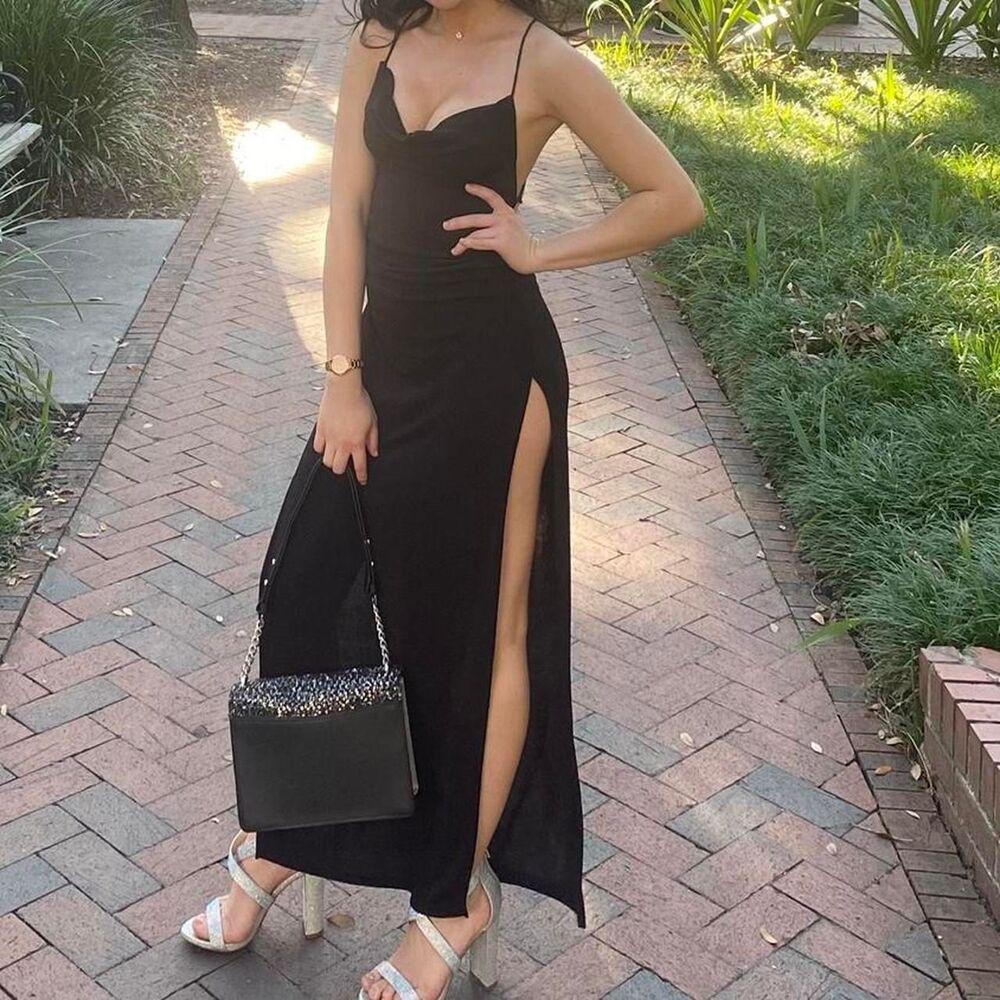 Black Cowl Neck Maxi Dress Thigh High Slit Formal Evening Gown XS-S
